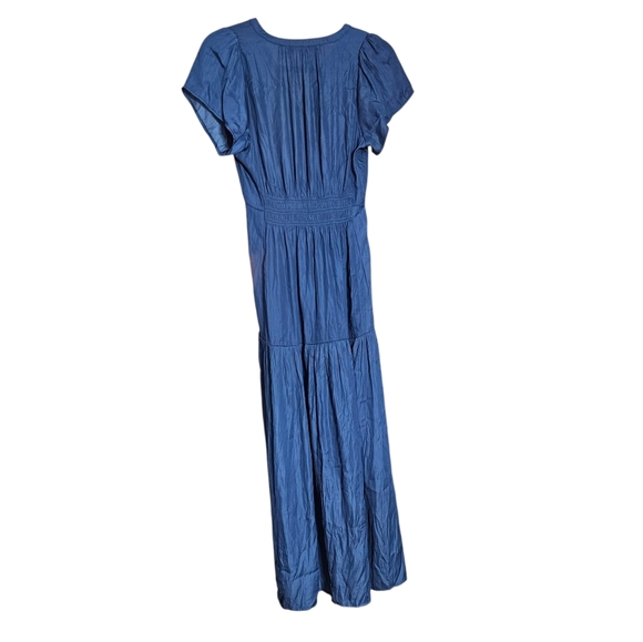 Rielle Satin Tiered V-neck Midi Dress Blue Short Sleeve size XS NWT - Picture 3 of 8